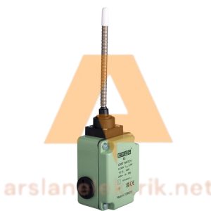 Emas L1K13SOP102 Makaralı Sınır Şalteri Spiral Kol L1 Metal Gövde 7 mm Küt PLastik Uç Metal Yay Kol Ani Hareketli 1NO+1NC Sınır Şalter