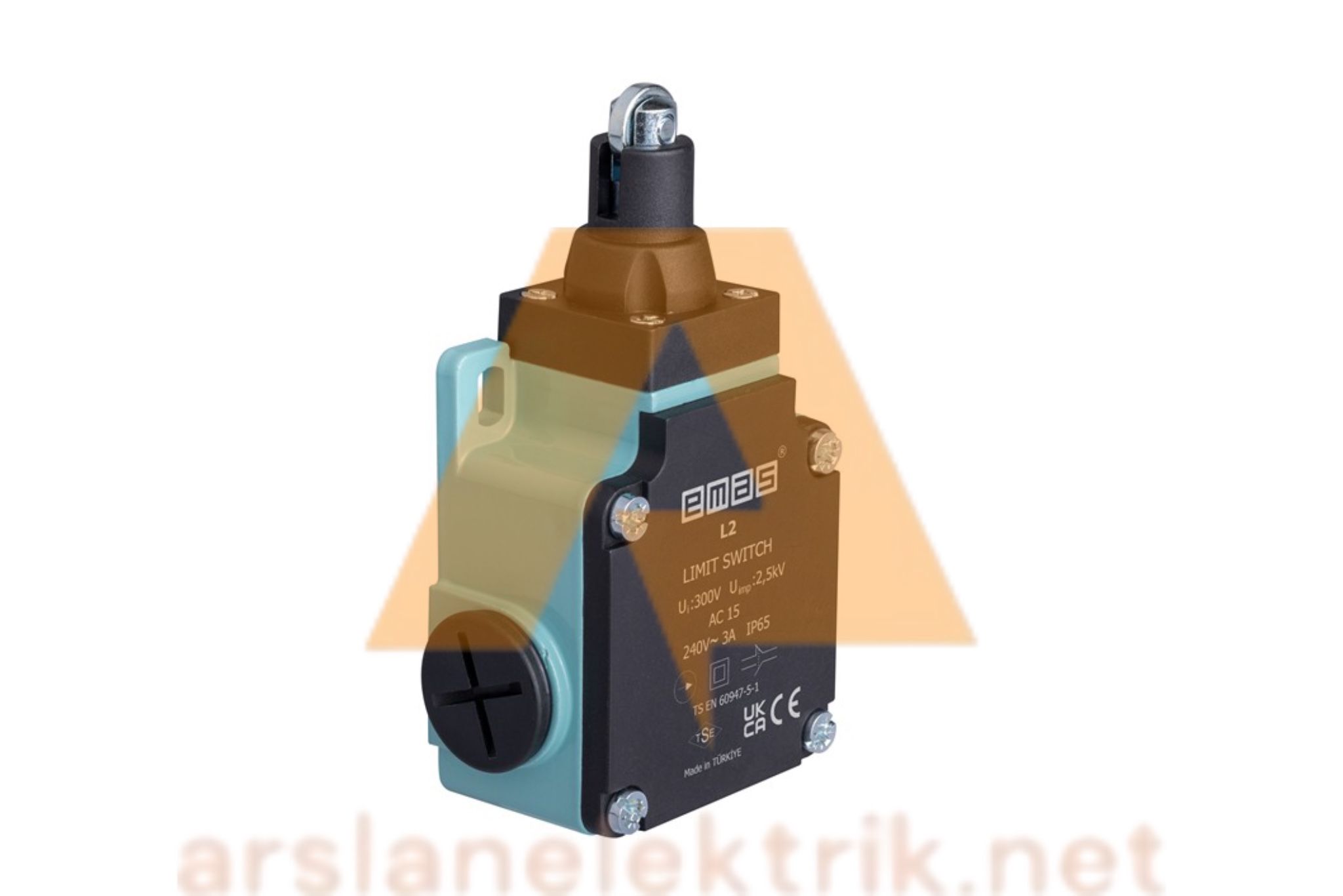 Emas L2K13MUM331 Makaralı Sınır Şalteri Dogrusal Makara L2 Metal Gövde 13 mm Metal Makaralı Pim Ani Hareketli 1NO+1NC Sınır Şalter