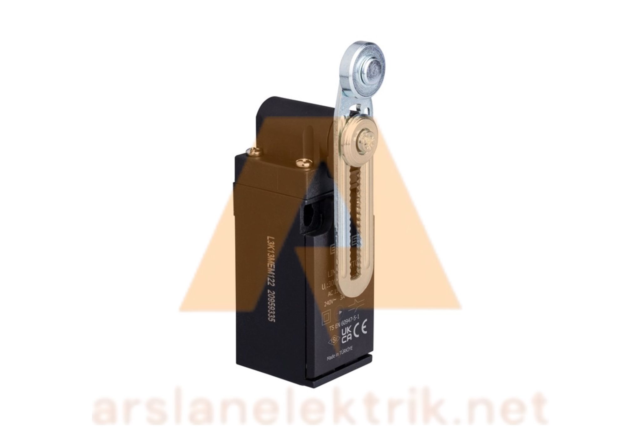 Emas L3K13MEM122 Makaralı Sınır Şalteri Açısal Makara Çift Yön Ayarlanabilir L3 Plastik Gövde 18 mm Metal Ayarlanabilir Kollu Makara Ani Hareketli 1NO+1NC Sınır Şalter