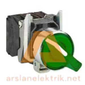 Schneider Electric XB4BK123B5 Işıklı Mandal Buton, 0-1 Kalıcılı, Metal, 1NA+1NK Kontaklı  Ø22 Yeşil 2 Konumlu 24V.AC/DC Buton